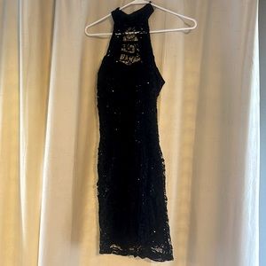 Bodycon black sequence lace dress with open back details